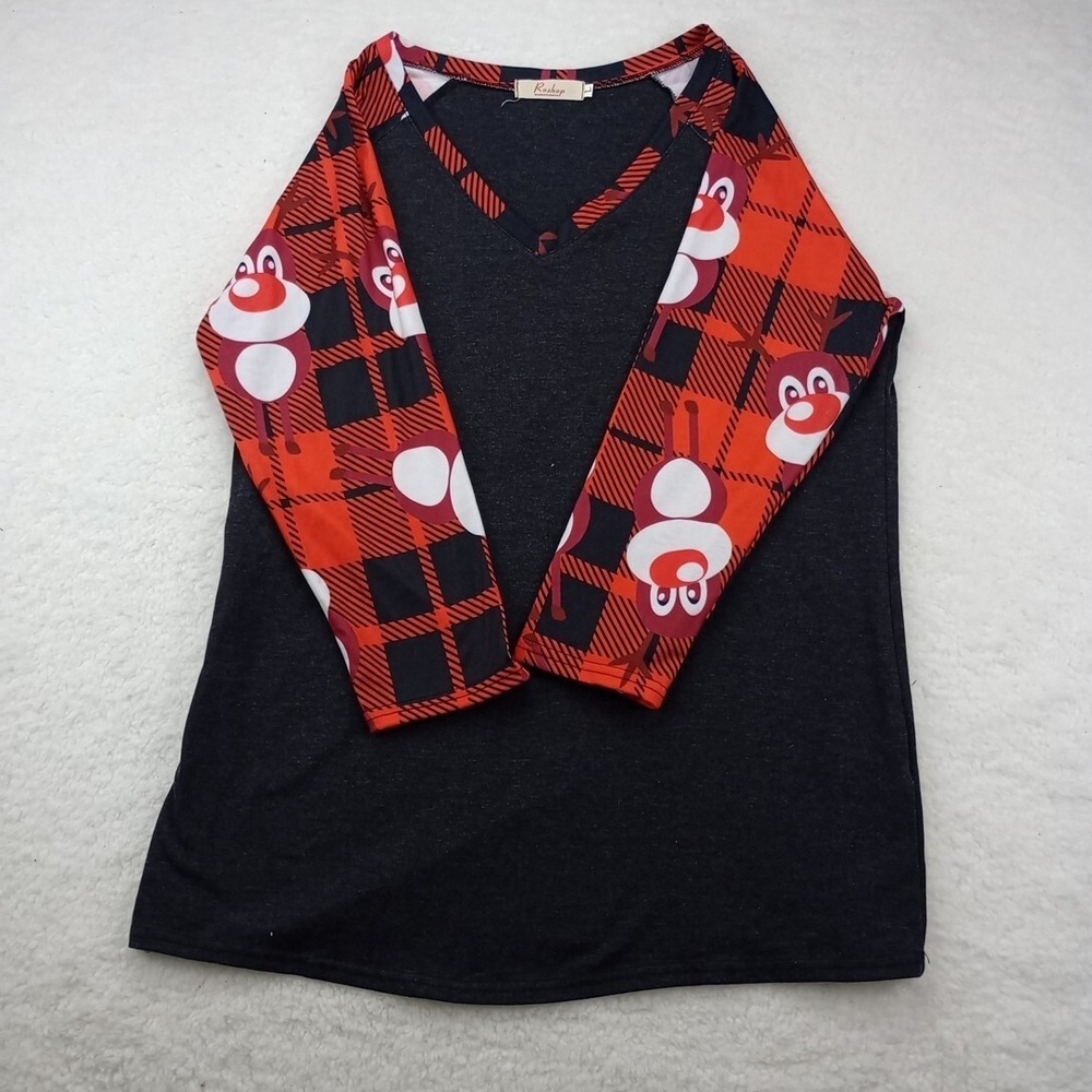Roshop Women's Red and Balck Rain Deer /Deer Characters Half Sleeve Size Large